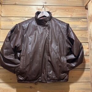 Vintage 80s Eddie Bauer Brown Leather Goose Down Feather Insulated Bomber Jacket